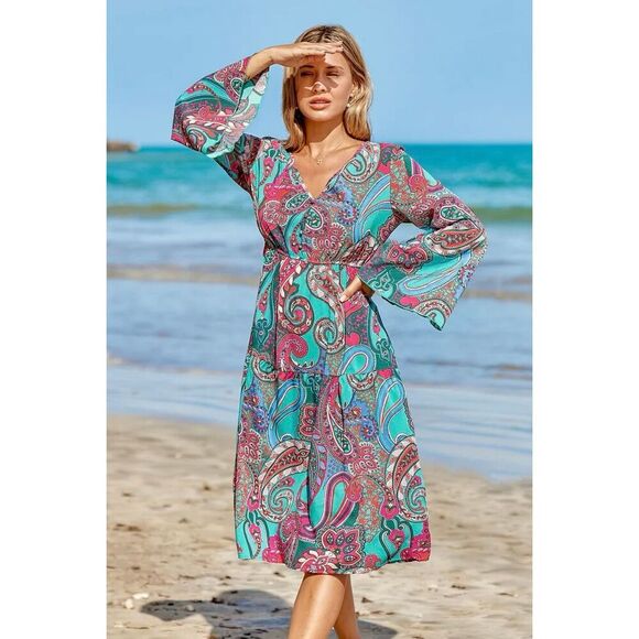 Cupshe Teal and Pink Paisley Bell Sleeve Dress Size Small New - Picture 3 of 7